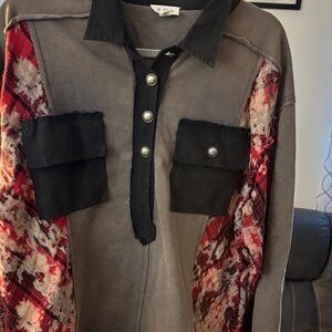 POL Gray and Red Plaid Women's Top